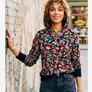 MASSEYS Women’s Whimsical Garden Hoodie Black Floral Knit Sweater Size Large